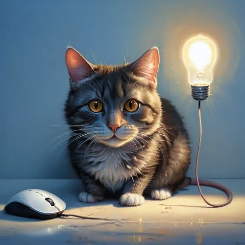 cat and mouse,computer mouse,kittelsen,cat on a blue background,cat vector,light bulb moment,Illustration,Realistic Fantasy,Realistic Fantasy 18