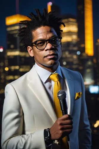 Modern architectural digest design show, 2020 event, solo male host, 30-40yo, stylish hair, black frame glasses, white shirt, dark blue suit, holding microphone, standing, cityscape background, skyscr