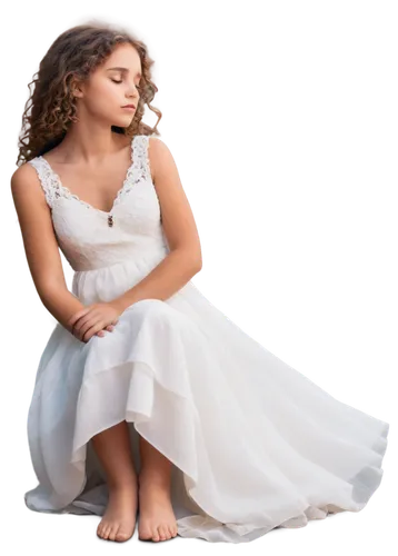 free sympathy image, solemn girl, gentle facial expression, comforting hand on chest, soft curly brown hair, calm makeup, white dress, flowing skirt, delicate legs, bare feet, peaceful atmosphere, war