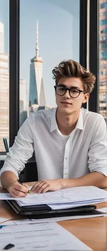 Architecture student, male, 20yo, messy hair, black framed glasses, casual wear, jeans, white shirt, sneakers, holding a large portfolio, sitting at a desk, surrounded by design papers, pencils, erase