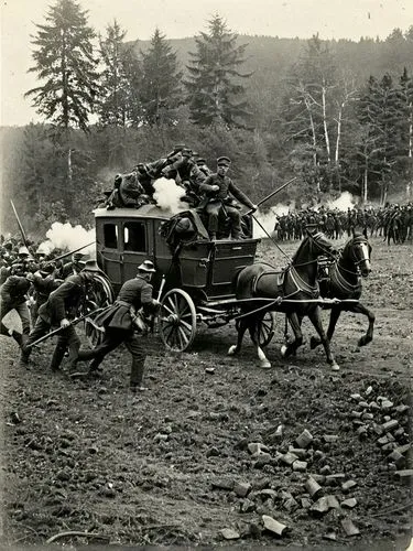 German field post coach attacked by Franctireurs and Garibaldians.,there are men on horses pulling soing in the field,straw carts,stagecoaches,ploughing,horse-drawn vehicle,carriages,threshing,Photogr