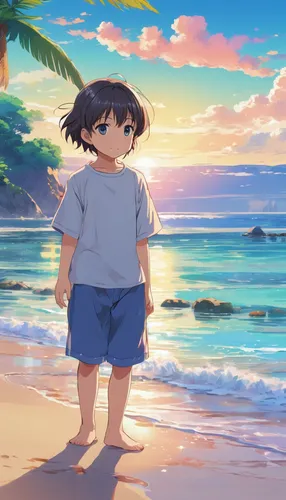 beach background,studio ghibli,summer background,beach scenery,ocean,summer day,honolulu,seaside,ocean background,beach walk,dusk background,summer sky,summer evening,by the sea,sea-shore,walk on the beach,dream beach,idyllic,sea,tropical sea,Illustration,Japanese style,Japanese Style 03