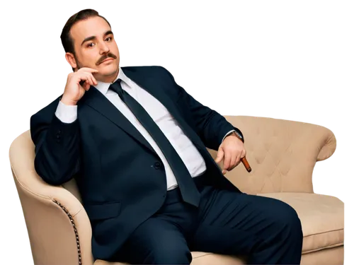 Fat man, mustache, plump face, double chin, thick eyebrows, brown hair, receding hairline, white dress shirt, black suit, black tie, gold watch, holding cigar, sitting on couch, relaxed posture, warm 