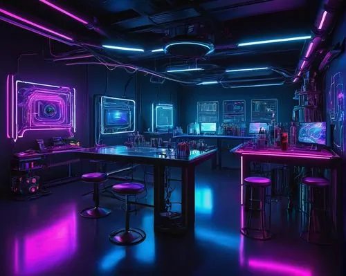 neon coffee,ufo interior,computer room,neon cocktails,study room,neon drinks,laboratory,cyberpunk,sci fi surgery room,80's design,neon tea,nightclub,neon,game room,neon light,retro diner,working space,the server room,aesthetic,desk,Illustration,Abstract Fantasy,Abstract Fantasy 06