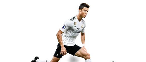 Cristiano Ronaldo, soccer player, athletic build, muscular arms, strong facial features, short spiky hair, intense gaze, serious expression, white jersey, number 7, black shorts, soccer cleats, confid