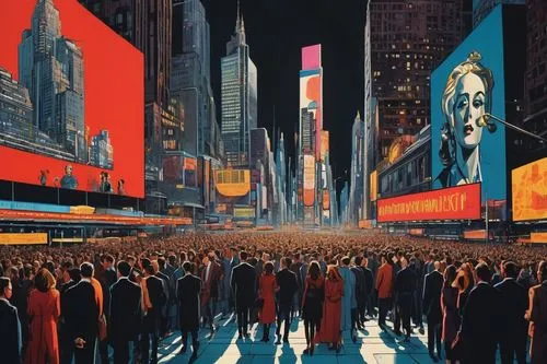 New York cityscape, Manhattan skyscrapers, bright LED billboard lights, giant movie screen, red carpet, step-and-repeat backdrop, film festival atmosphere, crowded streets, people in stylish outfits, 