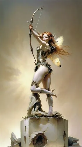 fairy with short dress, ballet pose,  bow and arrow,a fairy of a female angel with an arrow,penthesilea,frazetta,epica,lady justice,boudica,joan of arc,Illustration,Realistic Fantasy,Realistic Fantasy