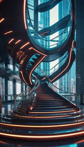 spiral staircase,helix,tron,steel stairs,spiralling,winding staircase,winding steps,spiral stairs,futuristic art museum,light trails,staircase,futuristic architecture,spiral,light trail,arcology,escalators,autostadt wolfsburg,dna helix,spiralled,staircases,Conceptual Art,Sci-Fi,Sci-Fi 26