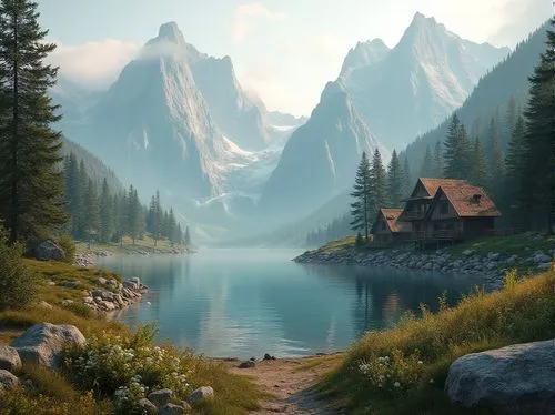 fantasy landscape,landscape background,forest lake,mountain landscape,mountain lake,world digital painting,alpine lake,salt meadow landscape,mountainlake,mountain settlement,alpine landscape,mountain scene,home landscape,beautiful landscape,house with lake,nature landscape,house in mountains,river landscape,mountainous landscape,beautiful lake,Photography,General,Realistic