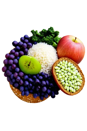 Various colorful carbohydrates, white rice, brown bread, yellow corn, red apple, green broccoli, purple grapes, solo, still life, 3/4 composition, warm lighting, shallow depth of field, soft focus, vi