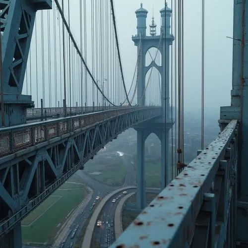 Steel bridge, modern architecture, strong metallic structure, silver-gray color, complex geometric shape, intricate details, rivets, suspension cables, majestic pillars, urban cityscape, misty atmosph