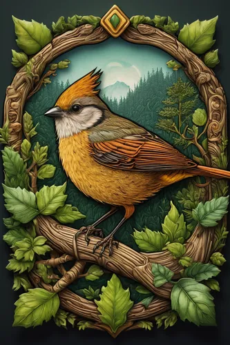 Create an app icon incorporating nature elements and a calming forest setting.,bird illustration,robin redbreast,old world flycatcher,flower and bird illustration,bird kingdom,bird painting,old world 