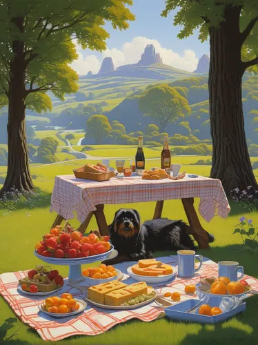 picnic,breakfast table,picnic table,summer still-life,settlers of catan,gnomes at table,picnic basket,family picnic,placemat,still life with jam and pancakes,idyllic,food table,cream tea,studio ghibli,asturias,leittafel,breakfast outside,idyll,cooking book cover,bernese oberland,Conceptual Art,Sci-Fi,Sci-Fi 15