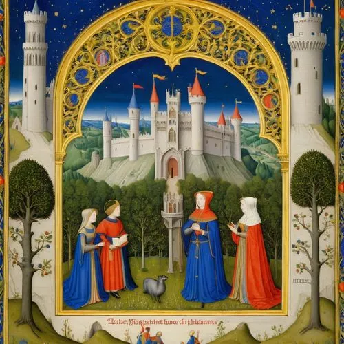 Style of image from "The Magnificent Book of Hours of the Duke of Berry" by the Limbourg brothers. Medieval men and women in traditional costumes stand in nature, with a castle in the background. Deco