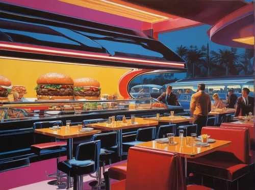 retro diner,diner,drive in restaurant,fast food restaurant,ufo interior,food court,red robin,neon coffee,futuristic landscape,restaurants,neon drinks,dining,a restaurant,fast-food,fine dining restaurant,80's design,soda shop,new york restaurant,sci fiction illustration,fast food,Conceptual Art,Sci-Fi,Sci-Fi 23