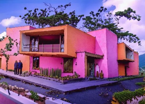 build by mirza golam pir,colorful facade,cube house,pink city,cube stilt houses,residential house,cubic house,villas,modern house,3d rendering,holiday villa,modern architecture,exterior decoration,smart house,mid century house,chandigarh,dunes house,house shape,contemporary,model house,Photography,General,Realistic