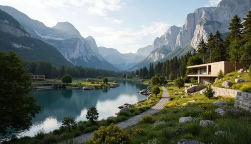 house in the mountains,house in mountains,landscape background,oberland,alpine landscape,mountain settlement,salt meadow landscape,alpine village,mountain valley,fantasy landscape,mountain landscape,rivendell,beautiful landscape,mountainous landscape,home landscape,valley,alpine region,mountain village,lake misurina,world digital painting