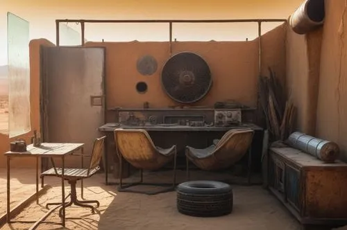 mad max style
sand in the ground 
broking glass and engine,an old desert home has a desk and chairs,cosmodrome,humberstone,wastelands,barber shop,cryengine,an apartment,Photography,General,Natural