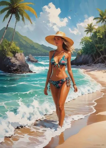 donsky,world digital painting,beach scenery,beach background,hawaiiana,polynesian girl,aloha,luau,summer background,ixtapa,moana,wahine,hula,bula,tahiti,tropical beach,beach landscape,blue hawaii,caribbean beach,aruban,Conceptual Art,Fantasy,Fantasy 10