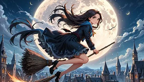 A woman in her long hair flying on a broomstick. The hair flew with the wind rythmaly. City background with moon,asagi,broomstick,witch,ravenclaw,bewitch,yodo,azusa nakano k-on,halloween witch,witchin