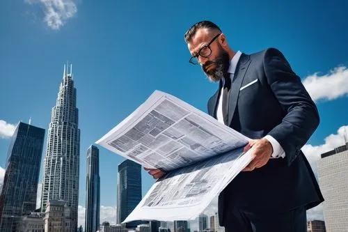 Lievable Schreiber, male, mature, beard, glasses, suit, white shirt, black tie, leather shoes, holding blueprints, standing, architectural digest magazine cover, modern skyscraper, cityscape, sunny da