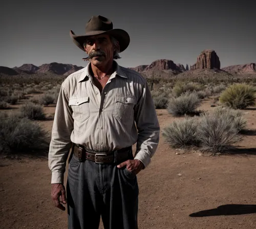 One man that looks like Sam Elliot dressed a black old west and white shirt, standing outside and alone in the desert. Photorealistic,western film,american frontier,gunfighter,drover,john day,arid lan