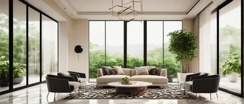 Modern luxury living room, spacious open-plan, high ceiling, marble floor, cream-colored walls, floor-to-ceiling windows, minimalistic furniture, low-profile sofa, glass coffee table, pendant light fi