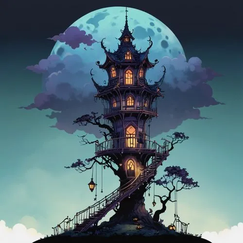 witch's house,halloween background,witch house,tree house,treehouse,house silhouette,Illustration,Abstract Fantasy,Abstract Fantasy 11