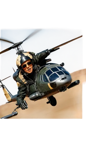 Helicopter, metallic body, rotating blades, detailed cockpit, pilot inside, helmet, sunglasses, leather jacket, military uniform, desert camouflage, hovering in mid-air, propeller spinning fast, dynam