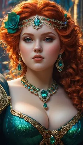 merida,princess anna,celtic queen,celtic woman,elsa,tiana,fantasy portrait,cinderella,ariel,venetia,fantasy woman,green mermaid scale,rapunzel,fantasy art,fairy tale character,3d fantasy,fantasy picture,caerula,diadem,cleopatra,Photography,General,Fantasy