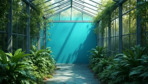 Cerulean blue accent wall, lush greenery, modern greenhouse, sleek glass structure, metal frame, natural light pouring in, tropical plants, vines crawling up walls, misting system, humid atmosphere, w