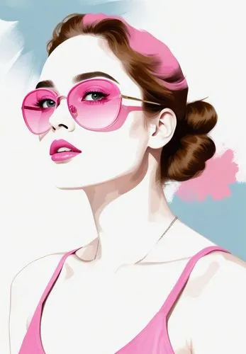 a woman with pink sunglasses and a pink tank top,pink glasses,fashion vector,pink vector,pink round frames,pop art style,retro woman