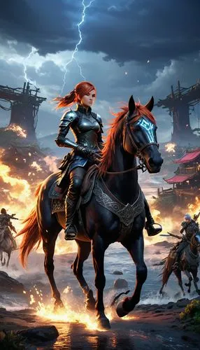 boudica,boudicca,neverwinter,game illustration,cavalry,warhorses,cavalries,bronze horseman,fire horse,boadicea,aveline,garridos,foxhunting,horseman,garrison,fantasy picture,horsemen,trine,darksiders,epona,Illustration,Japanese style,Japanese Style 05