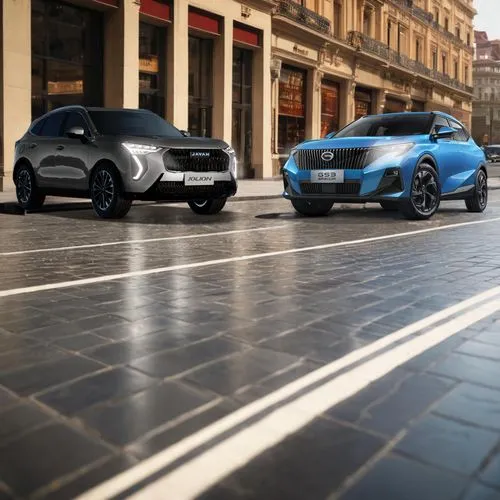 2 cars facing eachothers on a fancy tiles city road surrounded by high class stores left and right, realistic mid day lights and shadows.,rs7,volvo cars,seat ibiza,audi rs,audi rsq,zagreb auto show 20