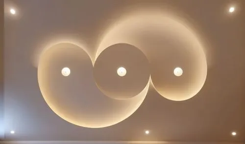 Convert this layout into a real gypsum decor for a room with hidden lighting.,this po features three circular light fixtures suspended from the ceiling,wall lamp,wall light,plasma lamp,light drawing,o