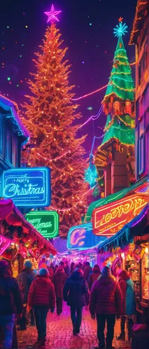 Immerse yourself in the joyful atmosphere of a traditional Christmas market, bustling with merry crowds.,christmas wallpaper,christmasbackground,christmas background,christmas town,retro christmas,chr