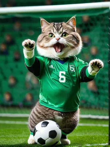 A chubby little cat, a cute cat with big eyes, wearing an emerald green jersey. It is the goalkeeper and it is catching a football shot by the opponent.,kitterman,futbol,worldcat,kitbuqa,goalkeeper,ca