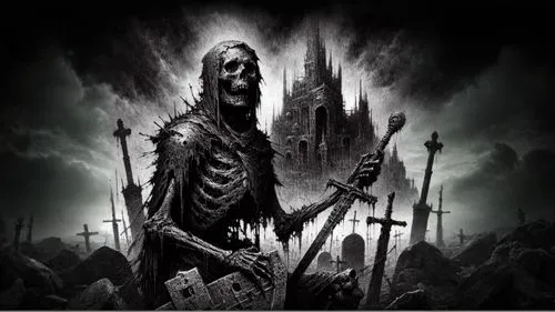 a grim character in a dark castle with a cross and a sculler,enthroned,morgoth,stargrave,burzum,sepulchral,moonsorrow