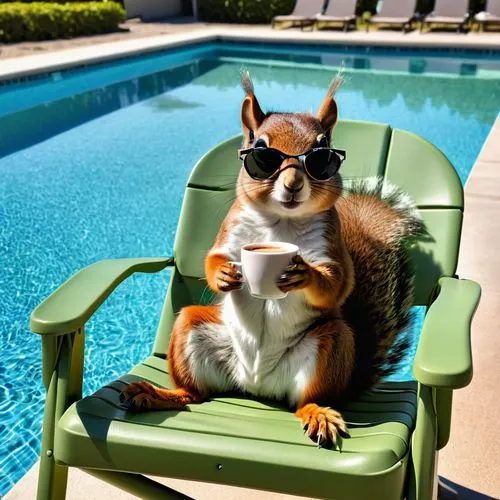  image of a squirrel, wearing "deal with it" glasses, lying down in a lawn chair with a coffee, next to a pool. Hot sunny california day, palms,relaxed squirrel,chilling squirrel,racked out squirrel,s