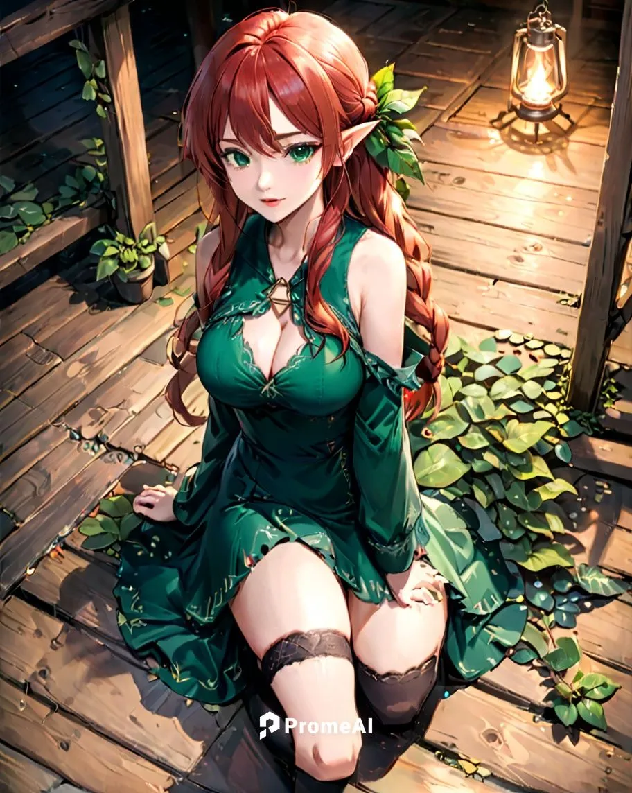 adult female elf kneeling on the floor of a wooden hut at night. hands tied behind back
pointy ears
viewed from above.

tall, long legs.  perfect face, very large breasts wide hips, small waist
very l