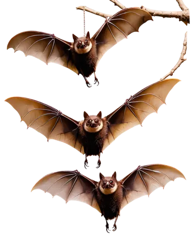 Flying bats, nocturnal creatures, translucent wings, dark brown fur, beady eyes, sharp teeth, solo, group of three, hanging upside down, spreading wings wide, perched on branch, moonlight, soft glowin