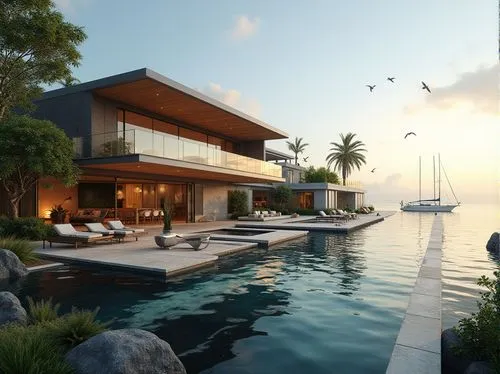 house by the water,luxury home,pool house,modern house,3d rendering,luxury property,floating huts,oceanfront,dreamhouse,holiday villa,landscape design sydney,beautiful home,tropical house,dunes house,floating island,beachfront,crib,ocean view,beach house,render,Photography,General,Realistic