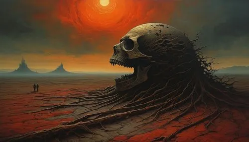 scorched earth,barren,volcano,dead earth,death's head,volcanic landscape,volcanism,red sun,eruption,apocalypse,volcanic,burning earth,red planet,post-apocalyptic landscape,volcanic field,desolation,uluru,death's-head,dune,desert,Conceptual Art,Oil color,Oil Color 11