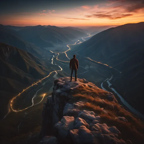 road of the impossible,mountain sunrise,the spirit of the mountains,alpine crossing,the wanderer,wanderer,road to nowhere,trolltunga,world digital painting,mountain guide,tightrope,mountain highway,va