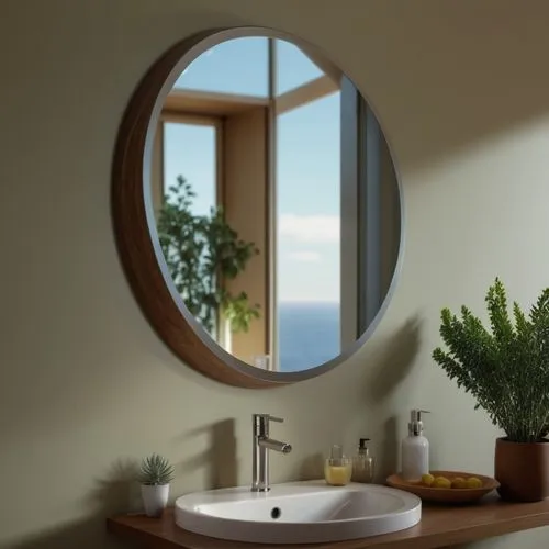 exterior mirror,wood mirror,modern minimalist bathroom,circle shape frame,porthole,parabolic mirror,window with sea view,round window,mirror frame,basin,bathroom accessory,wood window,bathroom sink,the mirror,bathroom,search interior solutions,modern decor,wash basin,floral silhouette frame,washbasin,Photography,General,Realistic