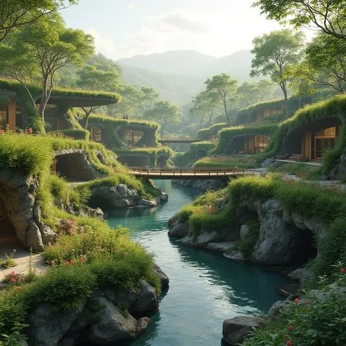 fantasy landscape,shaoming,rivendell,japan landscape,shangri,ecotopia,tulou,world digital painting,river landscape,green valley,riftwar,nargothrond,shire,qingcheng,sake gardens,japan garden,ancient city,japanese garden,landscape background,ghibli,Photography,General,Realistic