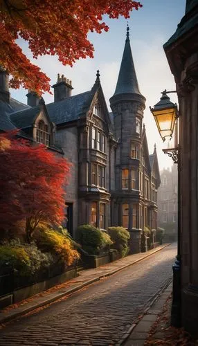 Aberdeen Architectural Conservation District, historic buildings, Victorian-era style, ornate facades, red sandstone walls, steeply pitched roofs, dormer windows, chimneys, intricate stone carvings, U