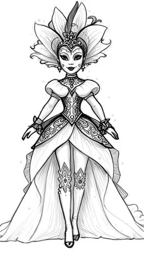 a fairy with a large dress and flowers in her hair,crinoline,bridal dress,bridal,white rose snow queen,ballgown,edea,the snow queen,bride,fairy queen,lineart,sun bride,ball gown,the bride,muffet,rosa 