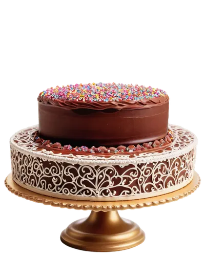 Moist chocolate cake, three-layered, round shape, golden crust, rich chocolate frosting, white swirls on top, sprinkles around edge, ornate cake stand, soft focus, warm lighting, 3/4 composition, shal