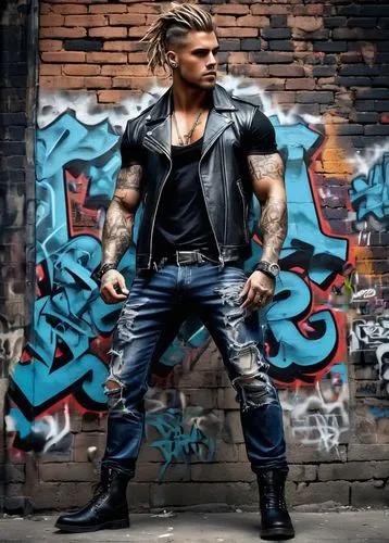 Muscular men, gangsters, rough skin, tattoos, leather jackets, ripped jeans, black boots, silver chains, intense gaze, smoky eyes, messy hair, urban setting, city streets, night scene, dim lighting, a